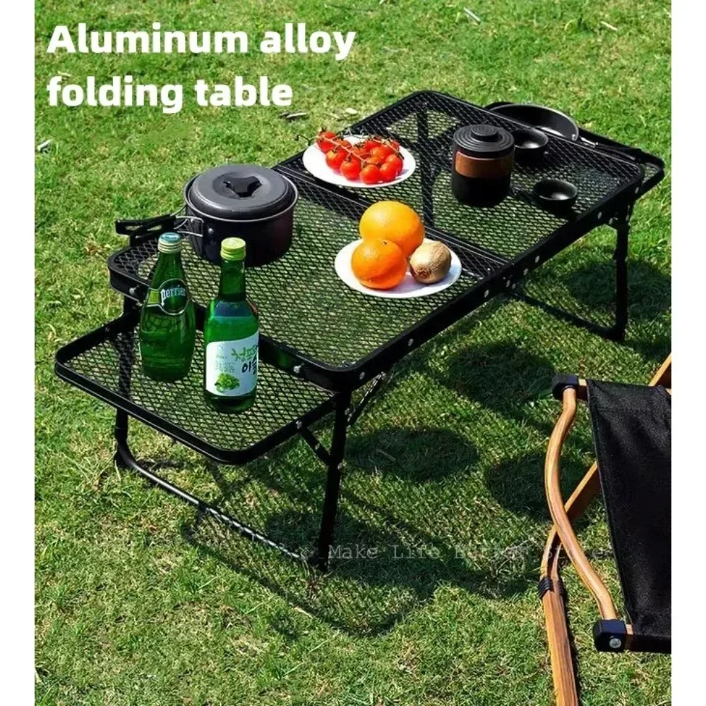 Portable Outdoor Camping with Lifting Shelf Aluminium Alloy Dining Table Camping Table Iron Mesh Folding Table Picnic Table