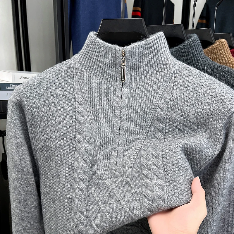 

Winter High-end Thick Woolen Sweater Men's Half Height Zipper Twisted Flower Knitted Base Sweater Warm Sweater Men
