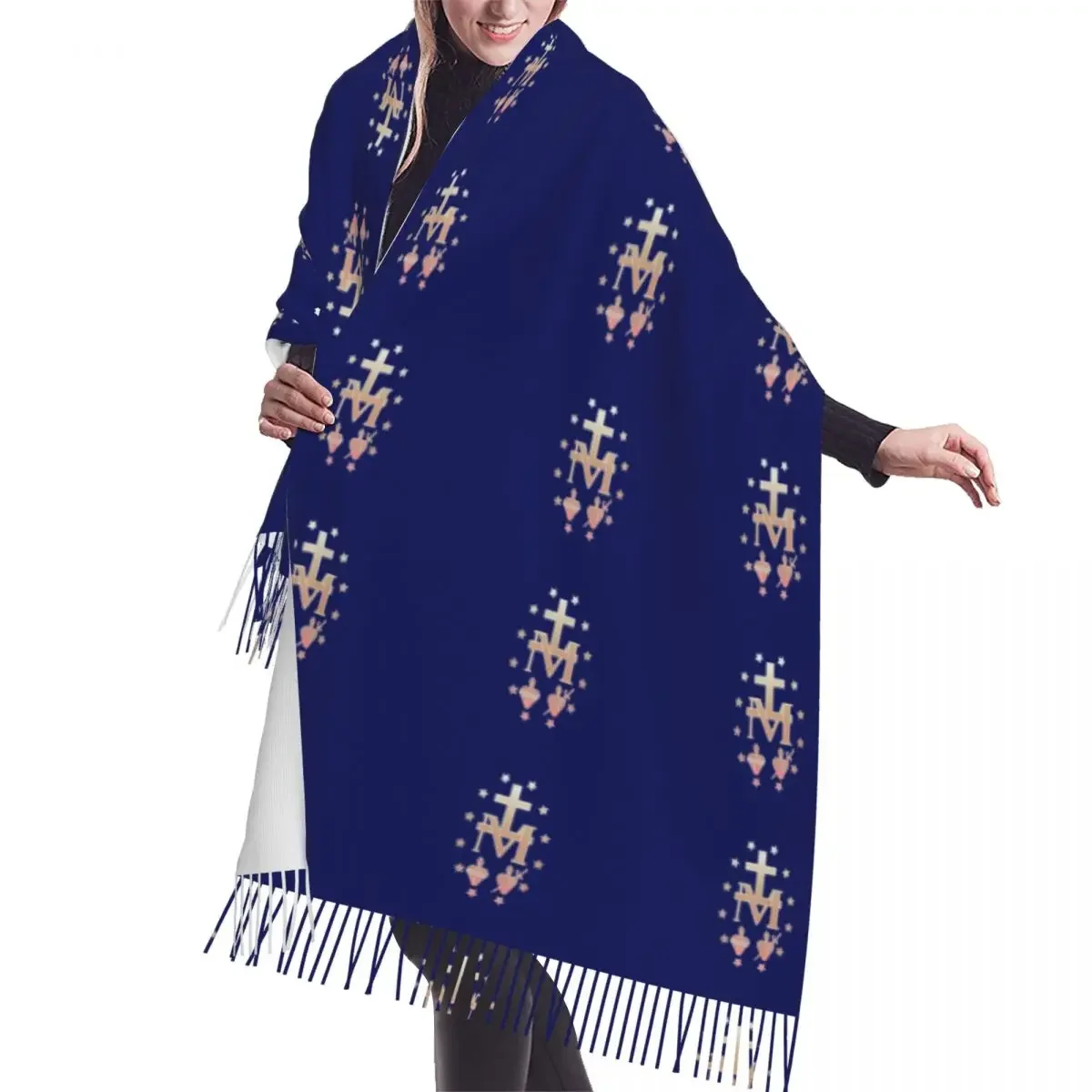 Custom Medal Scarf Wrap for Women Long Winter Warm Tassel Shawl Unisex Medal of Our Lady of Grace Versatile Scarves