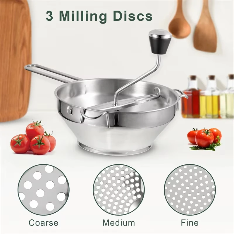 Vegetable Mill Stainless Steel Food Rotary Mill Strainer Potato Strawberry Jam Grinder Garlic Press Masher with 3 Milling Disc
