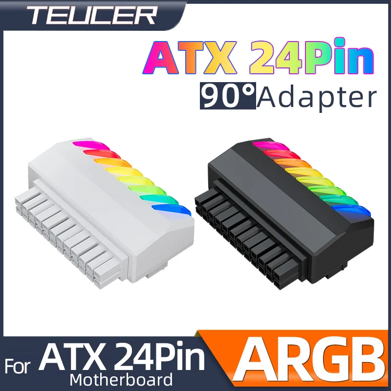 Teucer ATX 24Pin 90Degree Motherboard Power Supply Cable Connector 5V/3Pin ARGB Plug Adapter Modular DIY Mounting Accessessory