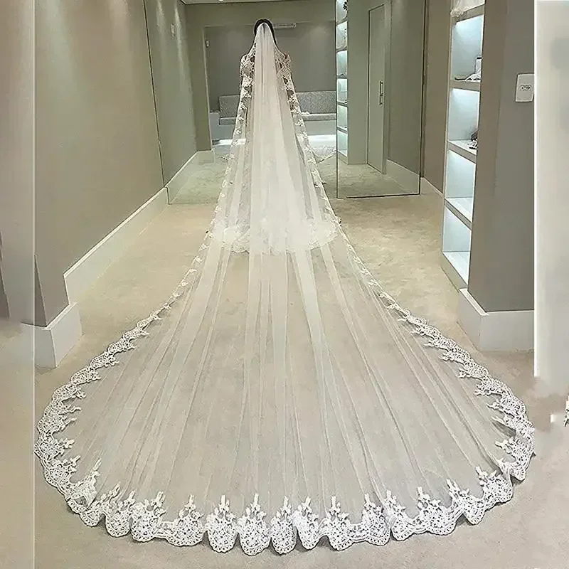 

White Ivory Long Full Edge Lace Wedding Veil One Layer 3M Tulle Bridal Veil Comb Accessories Veu Velo Noiva