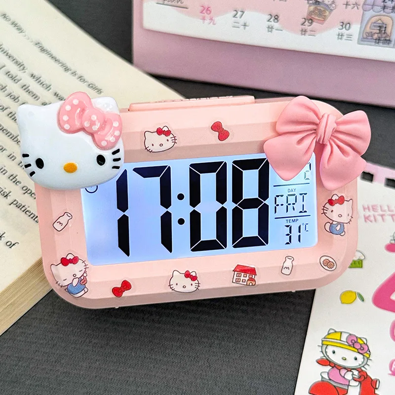 Cute Hello Kitty Alarm Clock Glow-in-the-dark Bedside Clock Multi-functional Desk Clocks in Student Residence To Time Clocks