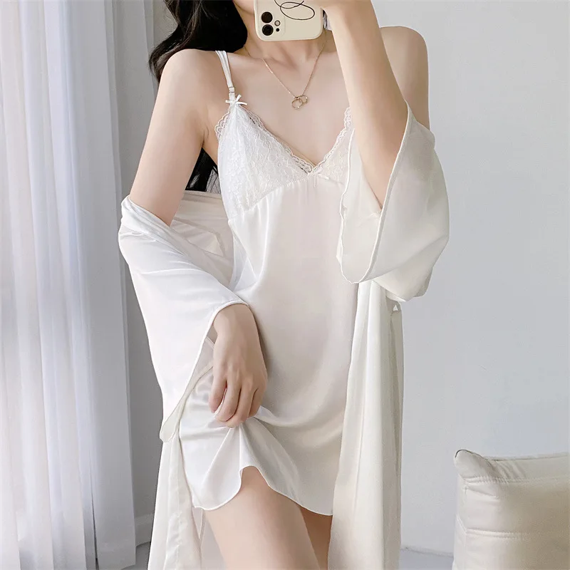 Sleepwear 2PCS Robe Set Summer Silky Satin Bathrobe Gown Suit Women Lingerie Nightwewar Lace Kimono Nightgown Loungewear