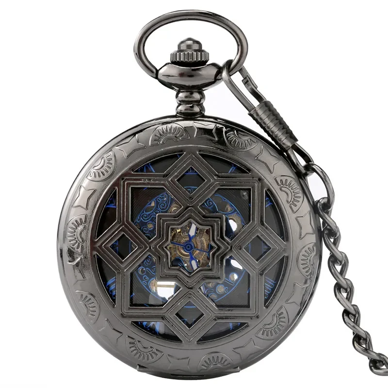 Antique Black Hollow Rhombus Case Hand Winding Mechanical Pocket Watch for Men Women Skeleton Dial Fob Chain Antique Timepiece