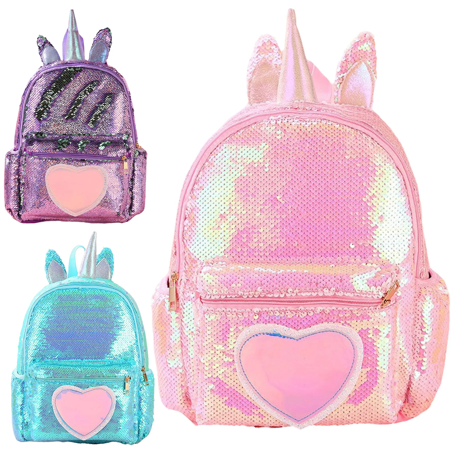 Children Sparkly Sequin Backpack Cute Element Design Large Capacity Heart Patterned Bag for Schooling Holiday Vacation