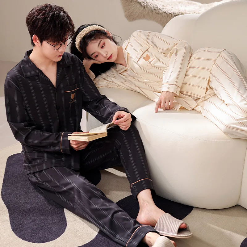 Cotton Couple Pajamas Men Women Spring Long Sleeve Cardigan Lapel Sleepwear Plus Size Home Cloth Nightwear Male Female Pjs mujer