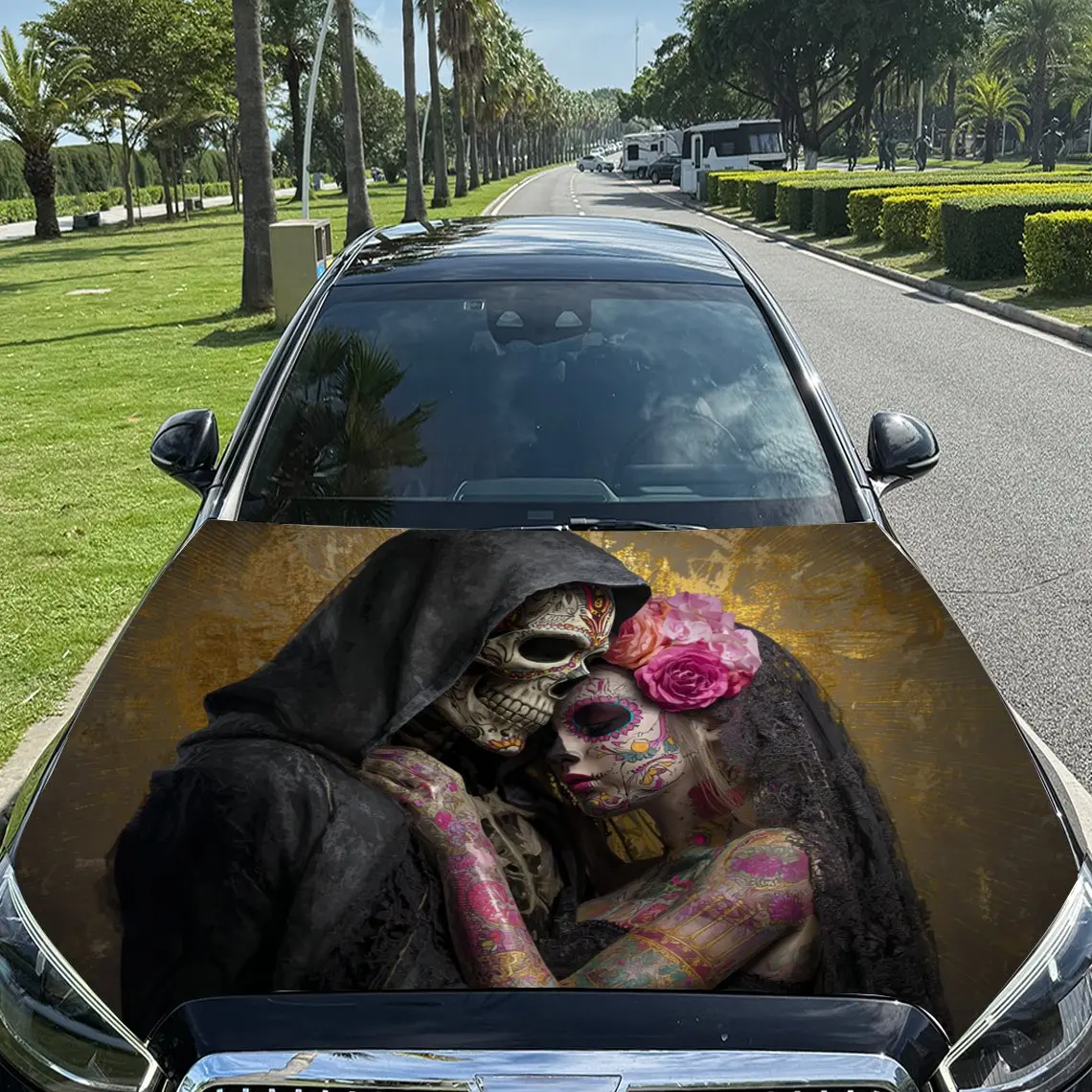 Day of the Dead Lovers Pattern car hood stickers, waterproof self-adhesive, scratch resistant, easy to stick, durable car PVC st