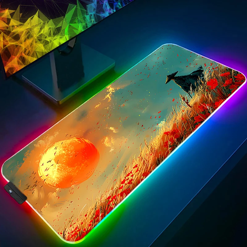 

HD Print Anime Mouse Pad LED Computer Samurai Warrior Gamer Mousepad RGB Laptop Black And White Keyboard Pad PC Red Sun Mice Mat