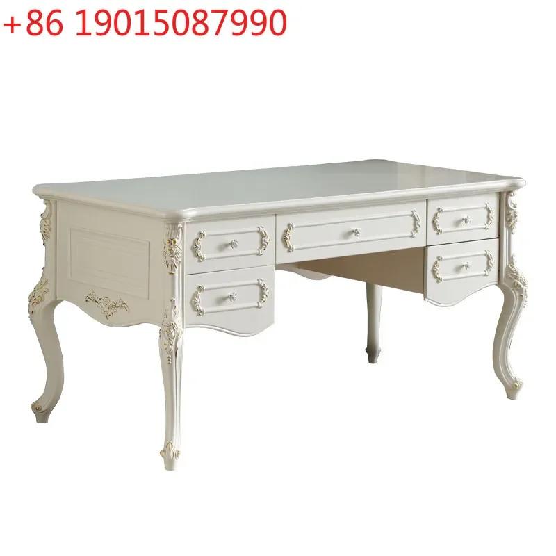 

European-style luxury computer high-end bedroom writing desk solid wood ivory white desk study furniture