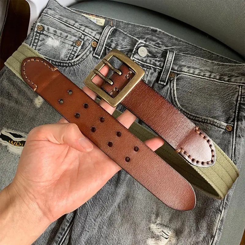 Vintage Canvas Belt Men\'s 100 cowhide Splicing Design belt pure copper double needle buckle leather belt