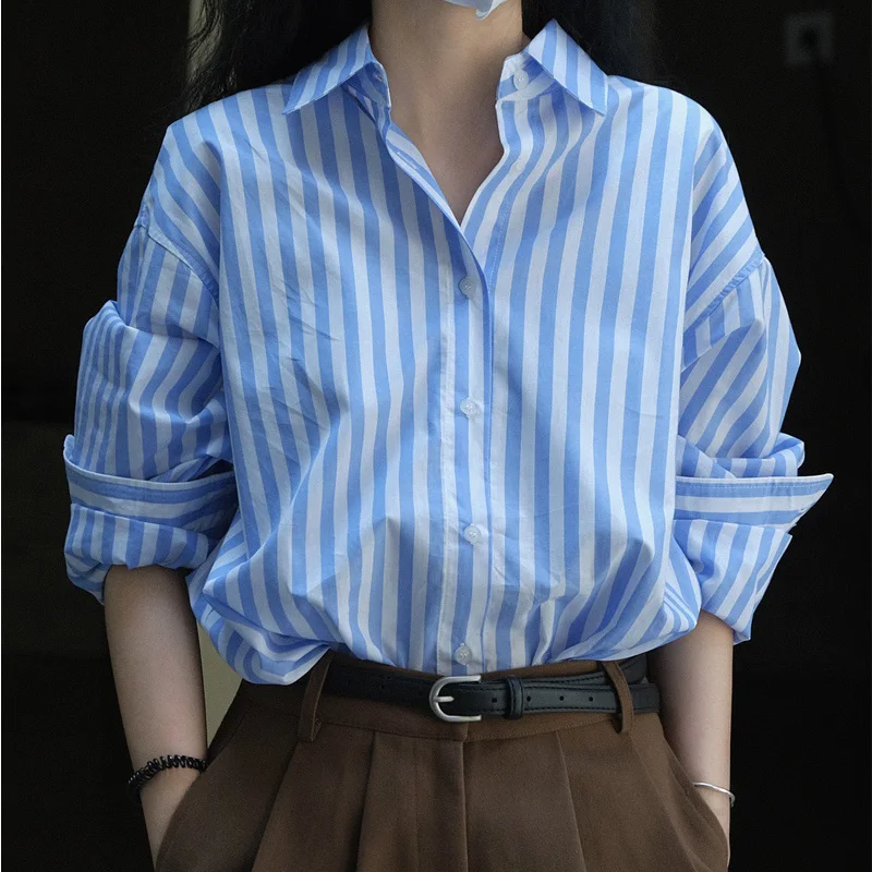 Spring Autumn Women's Casual Striped Lapel Long Sleeve Loose Shirt