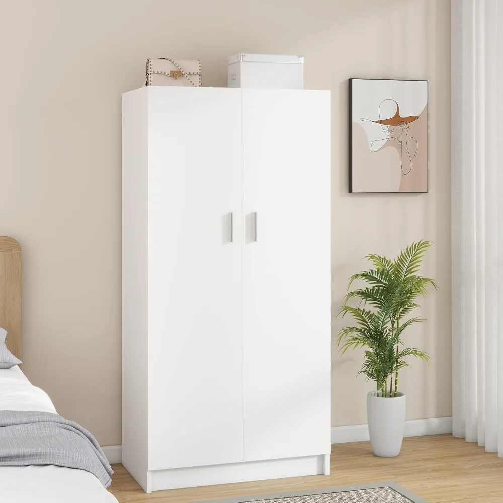 2 Door Wardrobe Closet Bedroom Armoires with 2 Shelves Storage, Hanging Rail for Bedroom (White)