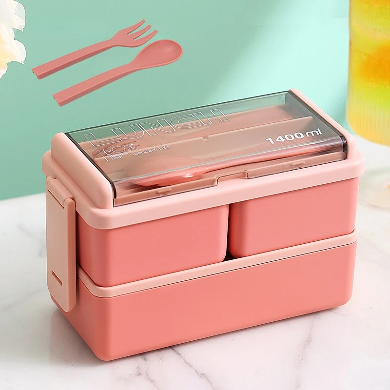 Double Layer Portable Lunch Box For Kids With Fork and Spoon Microwave Bento Boxes Dinnerware Set Food Storage Container