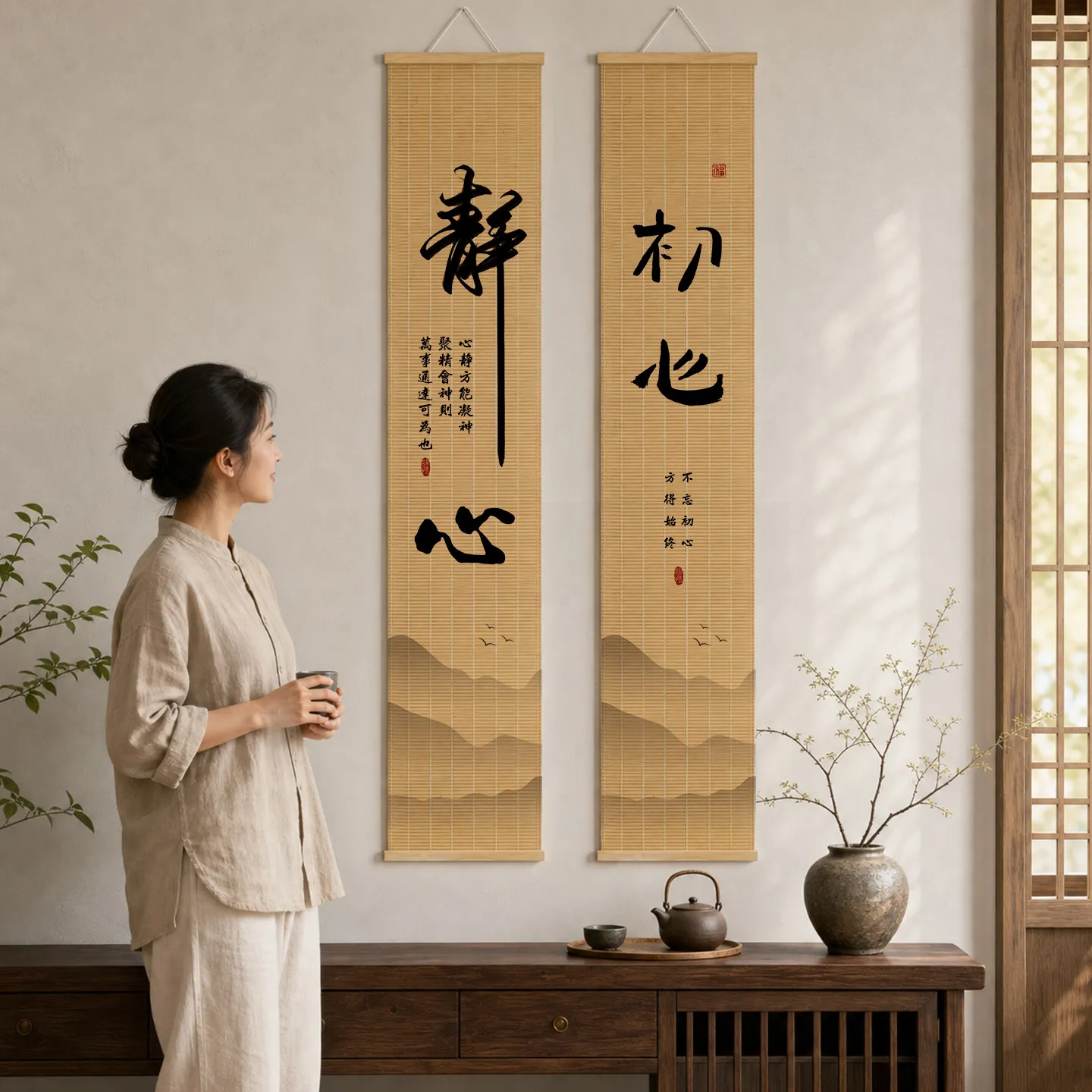 Wall Art Bamboo Scroll Calligraphy Calm Mind Original Intention Zen Room Tea House Living Mindfulness Yoga Studio Wall Art