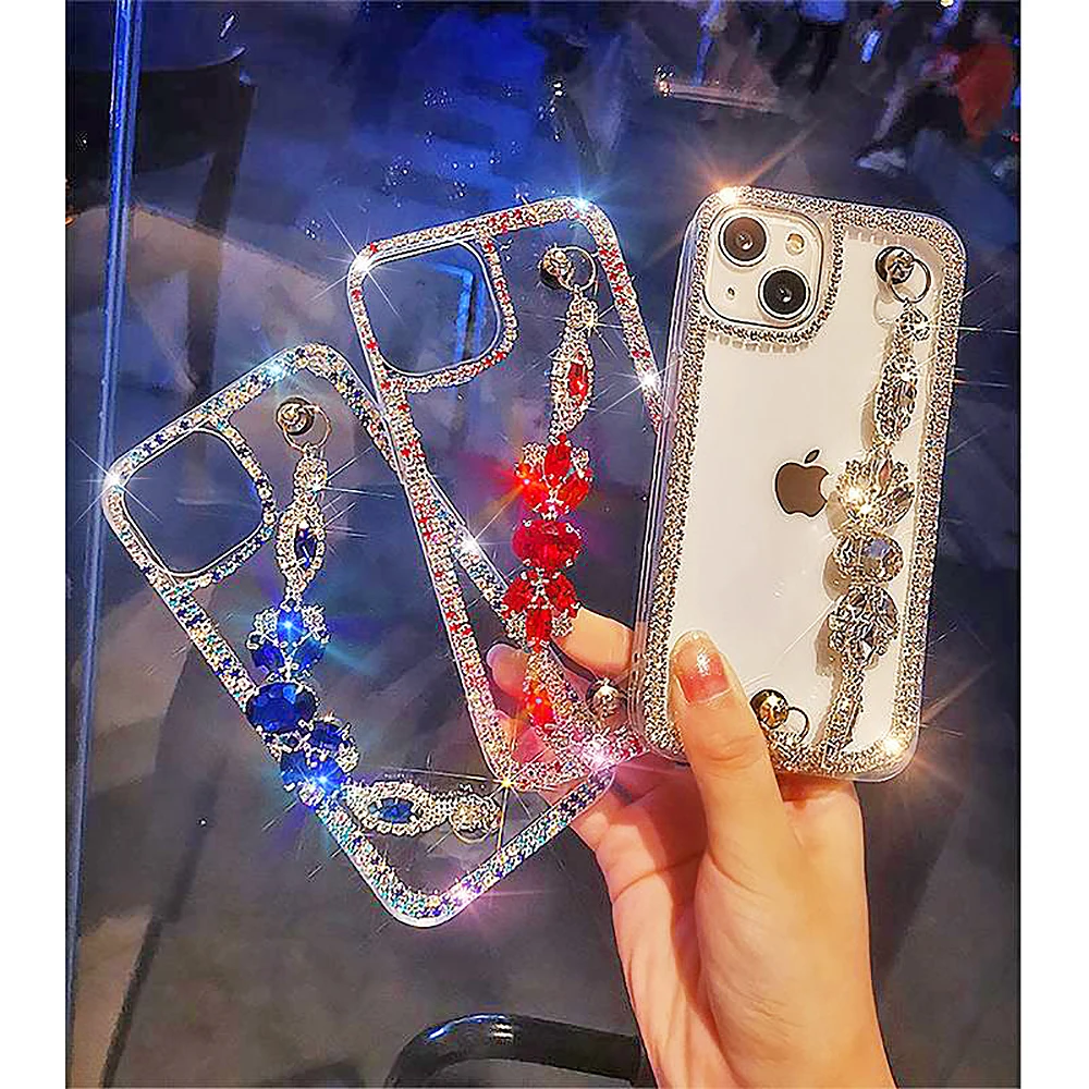 럭셔리 반짝이 라인 석 체인 클리어 전화 케이스 블링 보석 아크릴 커버 아이폰 15 14 13 12 11 프로 맥스 X XR XS SE 7 8 플러스