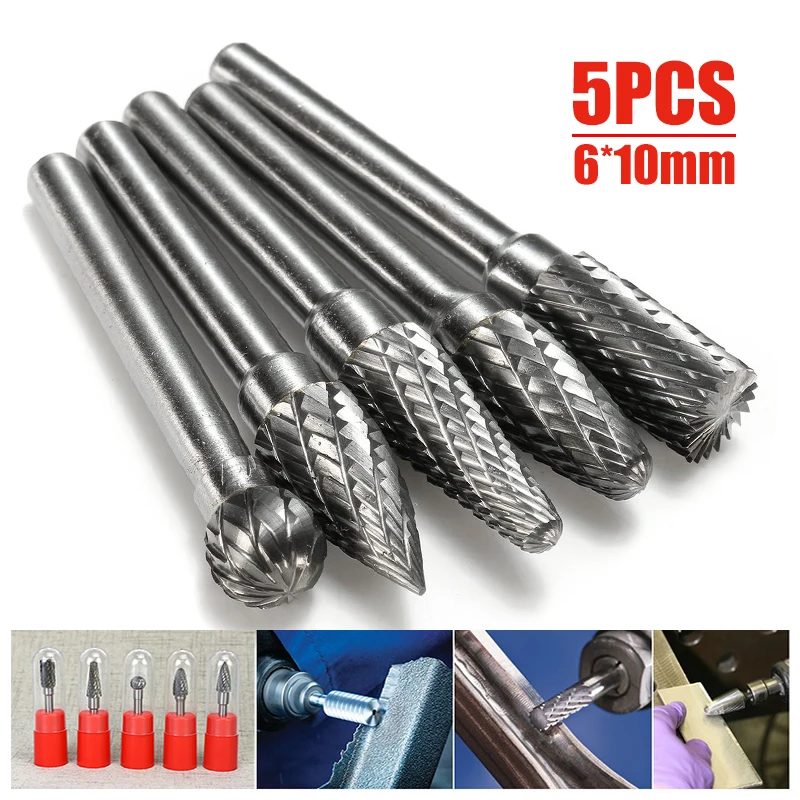 

5pcs Double Groove Rotary File 6×10mm Grinding Head Tungsten Carbide Burr Milling Cutter Drill Bit Set Finishing Metal Mould