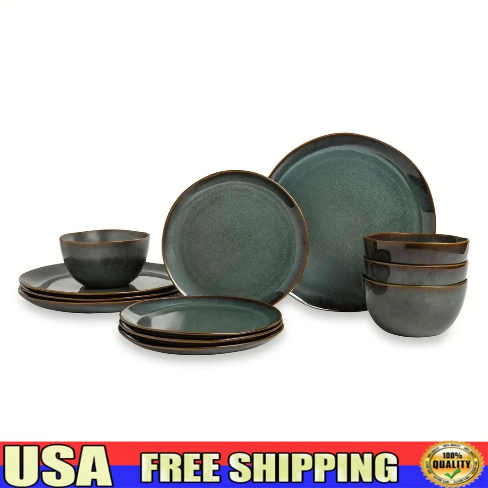 

Керамический набор посуды из 12 предметов, тарелки в деревенском стиле, миски, прочная посуда, можно мыть в посудомоечной машине, 4 элегантного дизайна, идеально подходит