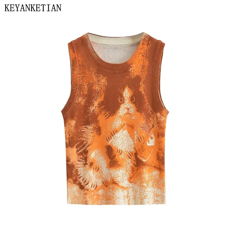 KEYANKETIAN Summer New Casual Cat Pattern Jacquard Tight Knit Vest Women Street Style Round Neck Sleeveless Stretch Top Thin