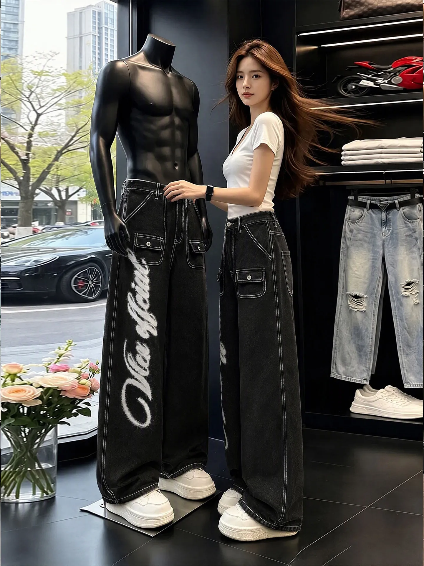 American Street Retro Wings Graffiti Print Jeans Men's Loose Wide Leg Pants Dragging Ground Multi Pocket Knife Fork Jeans