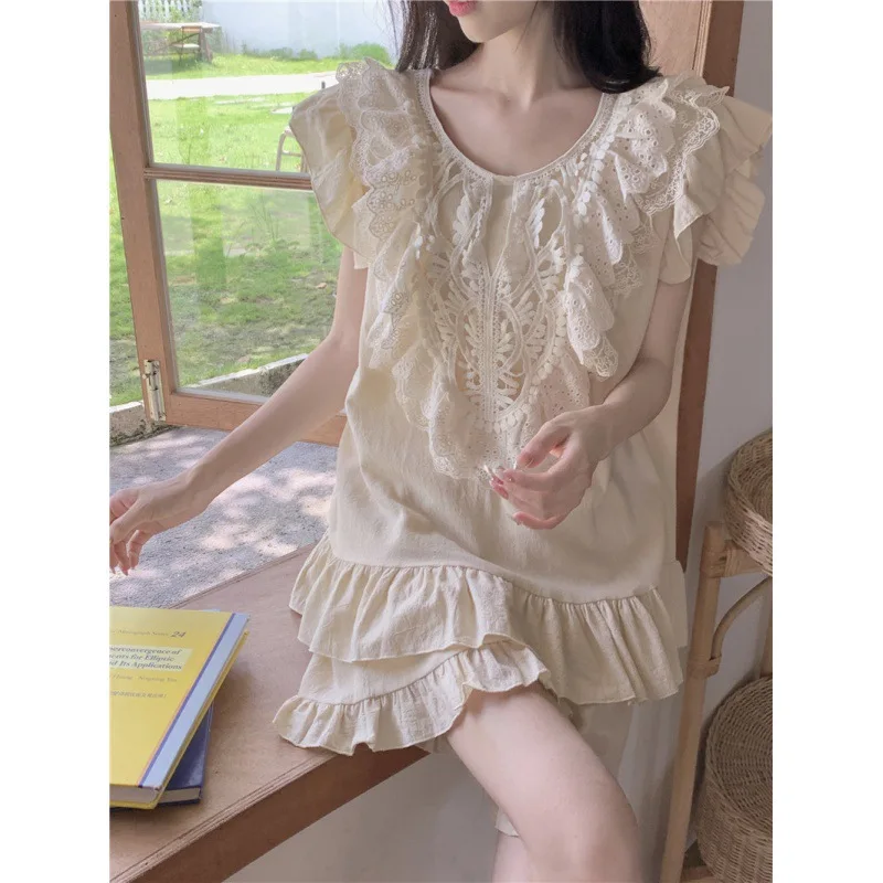 

Ladies Summer Sweet Lace Princess Wind Lotus Leaf Edge Solid Color Outside Loose Loungewear Suit Women
