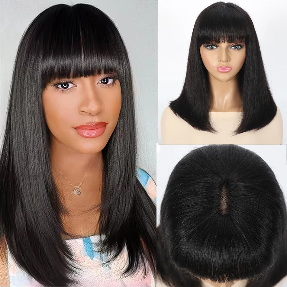 Wig rambut manusia lurus dengan poni 3x1 Wig renda bagian tengah rambut lurus manusia siap dipakai Wig Bob pendek Brasil 180%