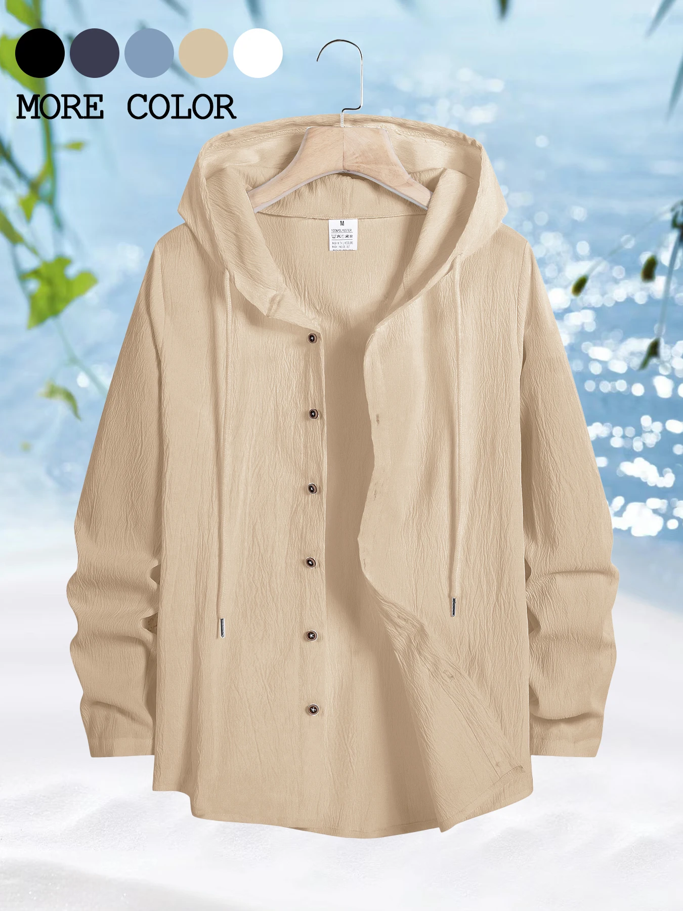 Spring Summer Men's Beach Shirt Large Size Loose Hooded Shirt Solid Color Casual Daily Clothing Men Cardigan Tops Streetwear