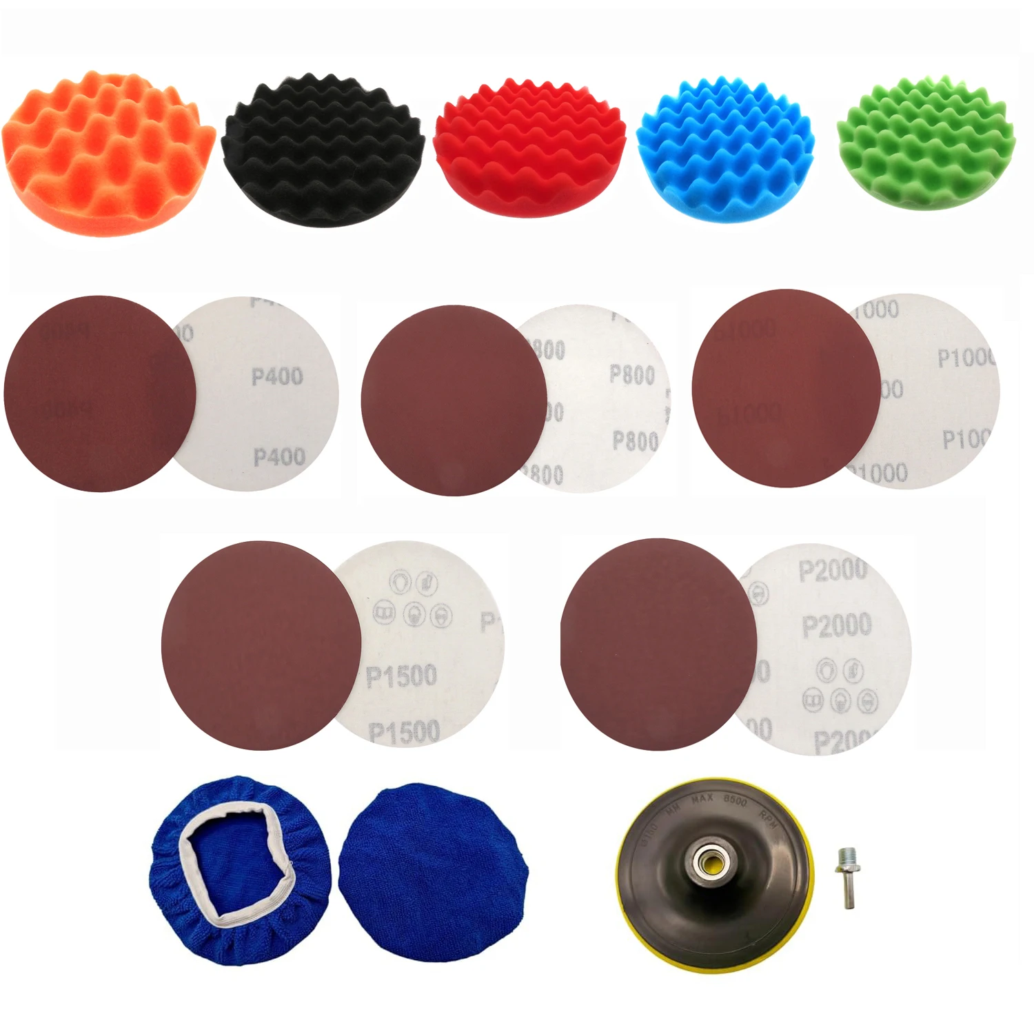 19 Pcs 6 Inch Sponge Sandpaper With Sanding Pad Set With Cloths Wave Sponges  (400-2000Grit M14 Sanding Pad M14 Rod for Sanding