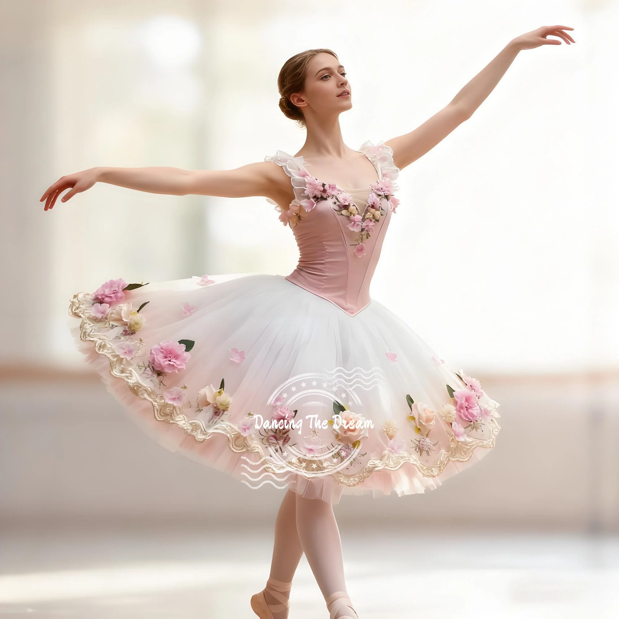 

Pink Floral - Embellished Ballet Tutu Dress Ruffled - Strap Ballet Tutu with 3D Floral Bodice