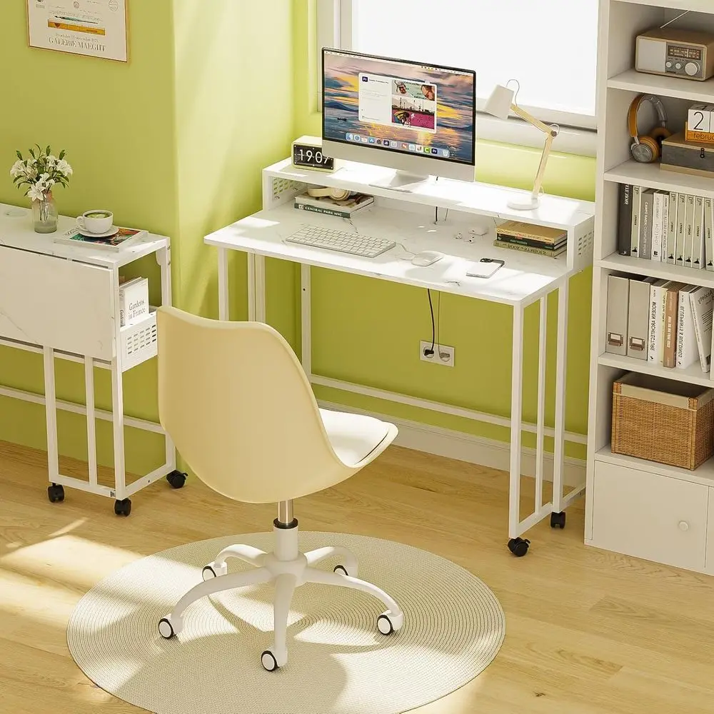 مكتب رخامي أبيض محمول مع مساحة تخزين للمكتب المنزلي، طاولة جانبية للأريكة، مناسبة للمساحات الصغيرة، 31.5 #4