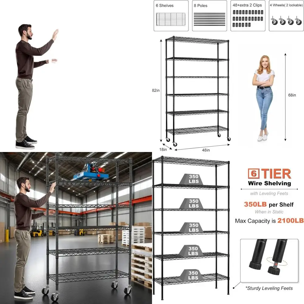 

NSF-Certified 6-Tier Heavy-Duty Wire Shelving Unit with Wheels, Adjustable Metal Racks, 2100 lbs Capacity, 18x48x82, Black