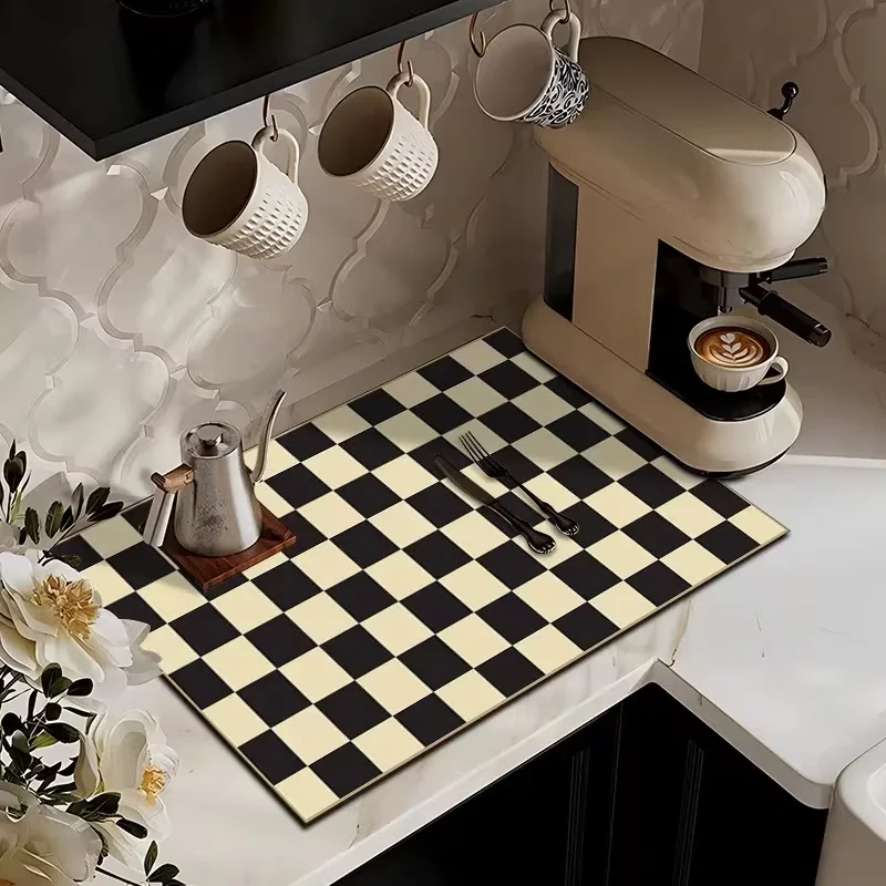 Alfombrilla de Drenaje para Platos con Diseño de Tablero de Ajedrez, Decoración de Cocina, Tierra de Diatomeas, para Encimera, Mesa de Centro, Vajilla, Resistente a Arañazos, para Vasos