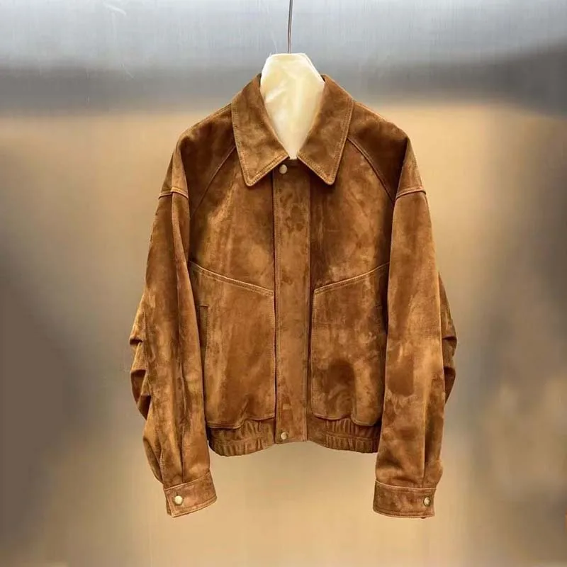 Naturalna kurtka damska z prawdziwej owczej skóry, płaszcz jesienno-zimowy, krótki, zamszowa skóra, kołnierz wykładany, odzież wysokiej jakości.