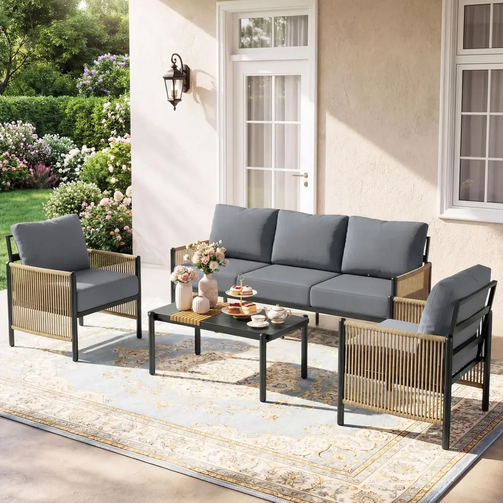 

Outdoor Patio Furniture Set, 5 Seats Outdoor Sectional with Coffee Table, Patio Conversation Sets with Washable Thick Cushions