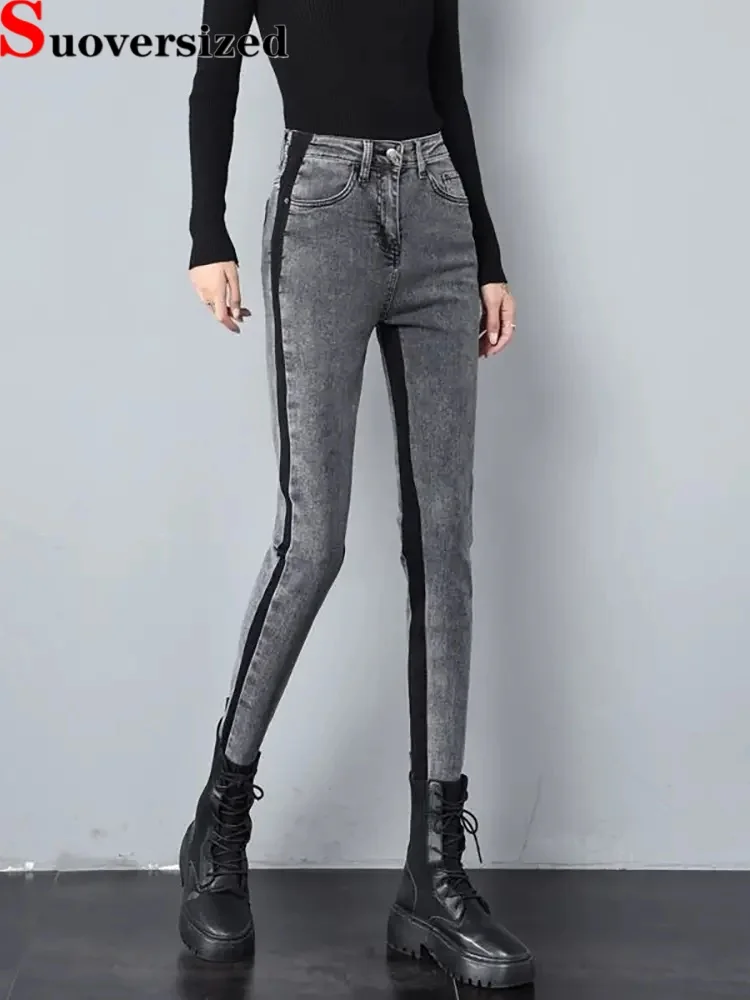 

Винтажные джинсы контрастного цвета, женская повседневная уличная одежда, тонкие Vaqueros, модные лоскутные узкие джинсовые брюки-карандаш
