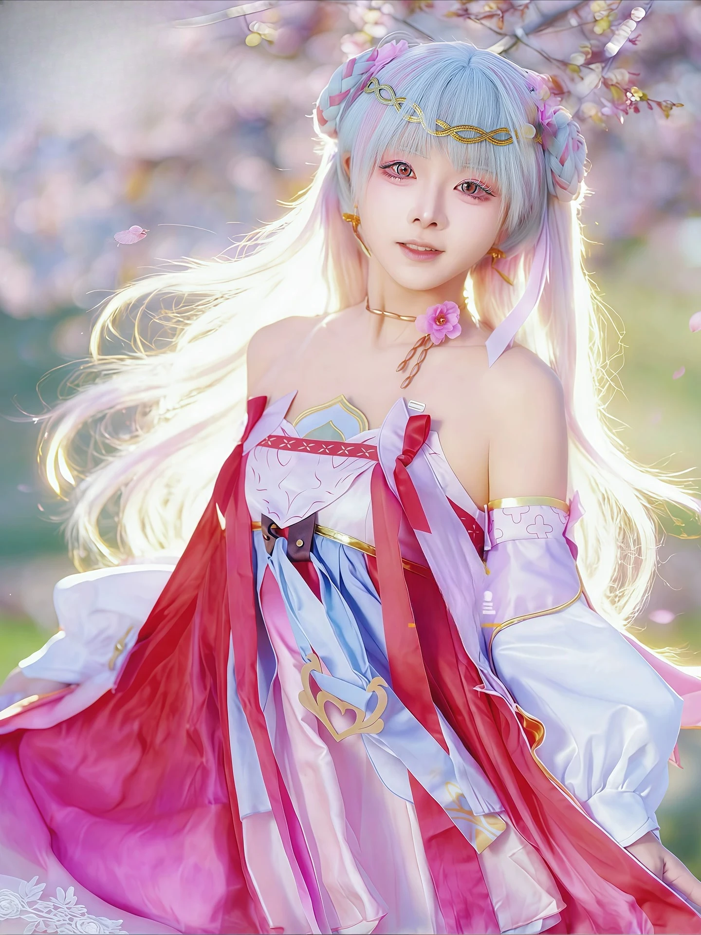 Synthetische Cosplay-Perücken, Cosplay-Perücke „Wuthering Waves Jinhsi“, lange, hübsche, niedliche, farbige Damenperücke mit simulierter Kopfhaut