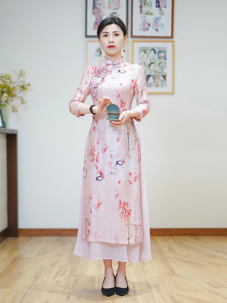 

Ele Long Dr Women's Waist-Cinching Slimming Vintage Chinese Sle Daily Wear Long Sve Ethnic Faion