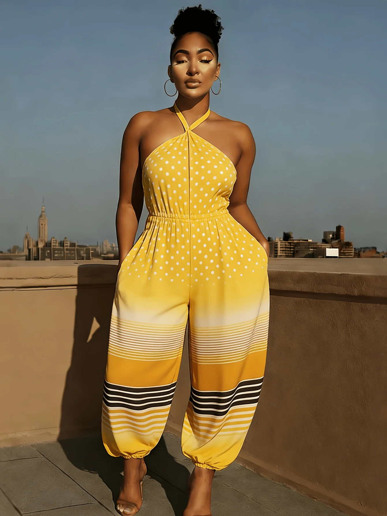 

Women's Summer Halter Neck Jumpsuit Yellow Polka Dot Gradient Stripe Print Sleeveless High Waist Loose Harem Pants with Pockets