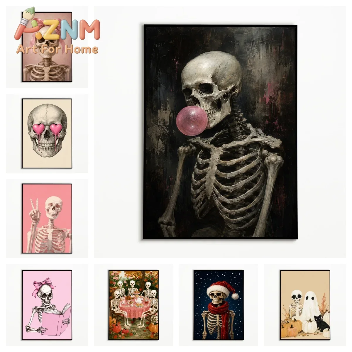 1PC Fun Skeleton Blowing Pink Bubble Gum Poster Autumn Halloween Wall Art  Retro Canvas Printing Festival Gift Fall Wall Decor