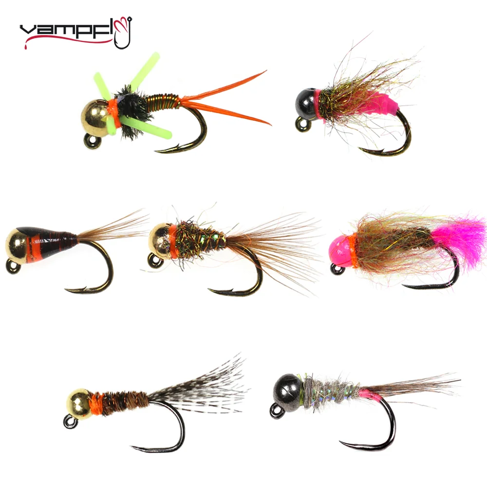Vampfly 6 sztuk wolframowy Beadhead Jig nimfy muchy Euro nimfa Perdigon nimfy Fly Jig Hook szybko tonący przynęty na pstrągi # 10- # 16