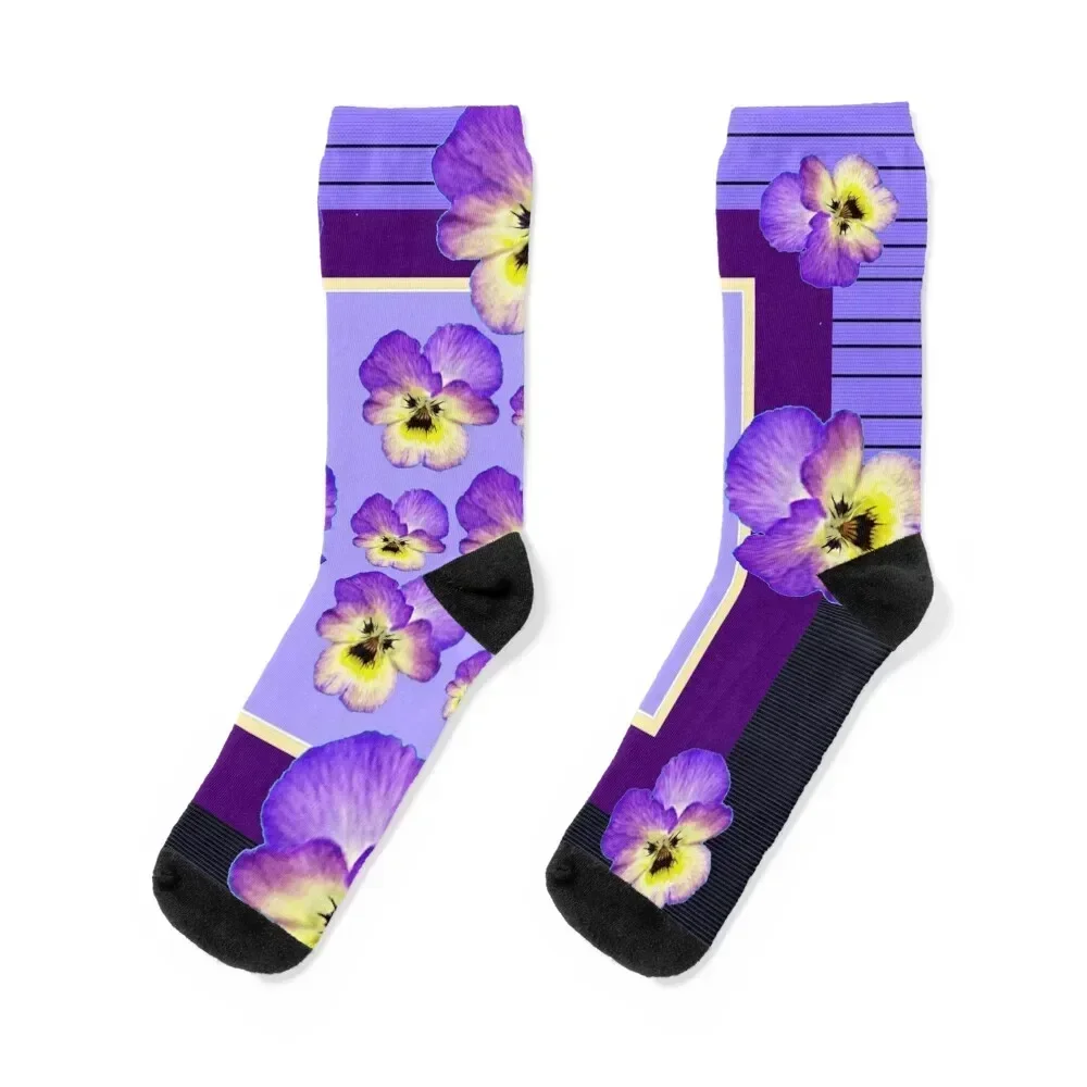 MODERN ART PURPLE-YELLOW PANSIES SPRING GARDEN ABSTRACT , Socks Stockings man Run Male Socks Women's