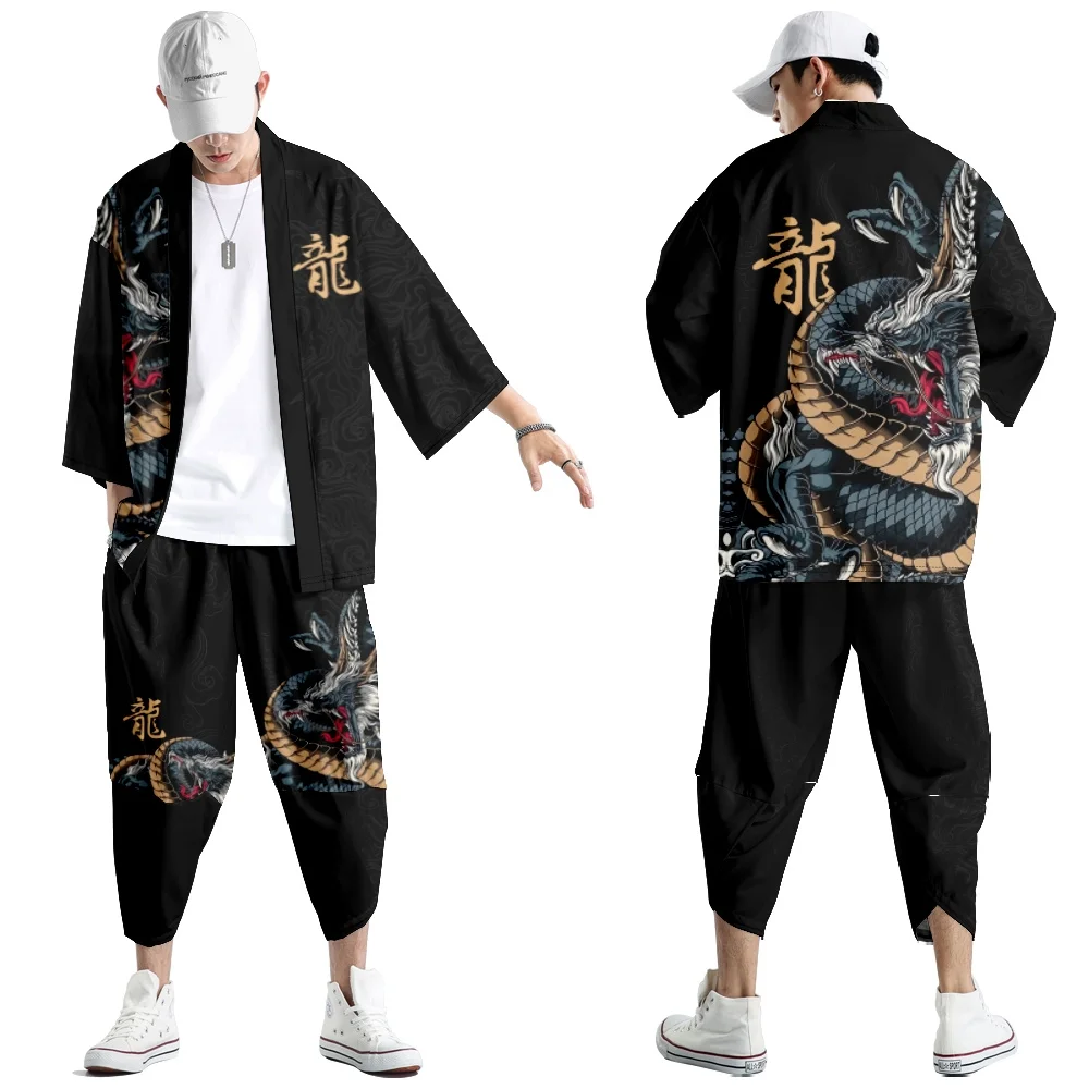 Two-piece Suit Oversize S-6XL Loose Japanese Cardigan Women Men Cosplay Yukata Clothing Harajuku Samurai Kimono + Pants Sets