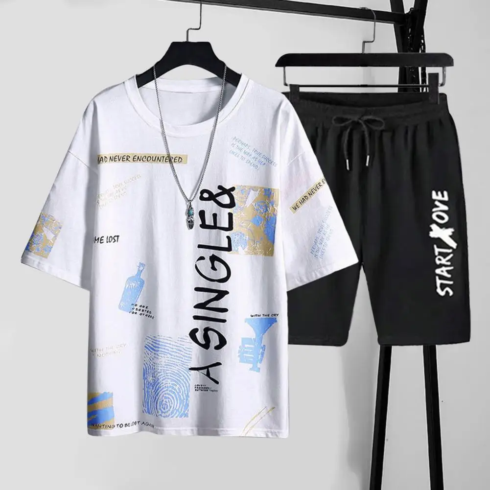 Men T-shirt Shorts Set Summer Outfit Men's Letter Print Sport Suit with O-neck Tee Shirt Elastic Waist Shorts Set for Active