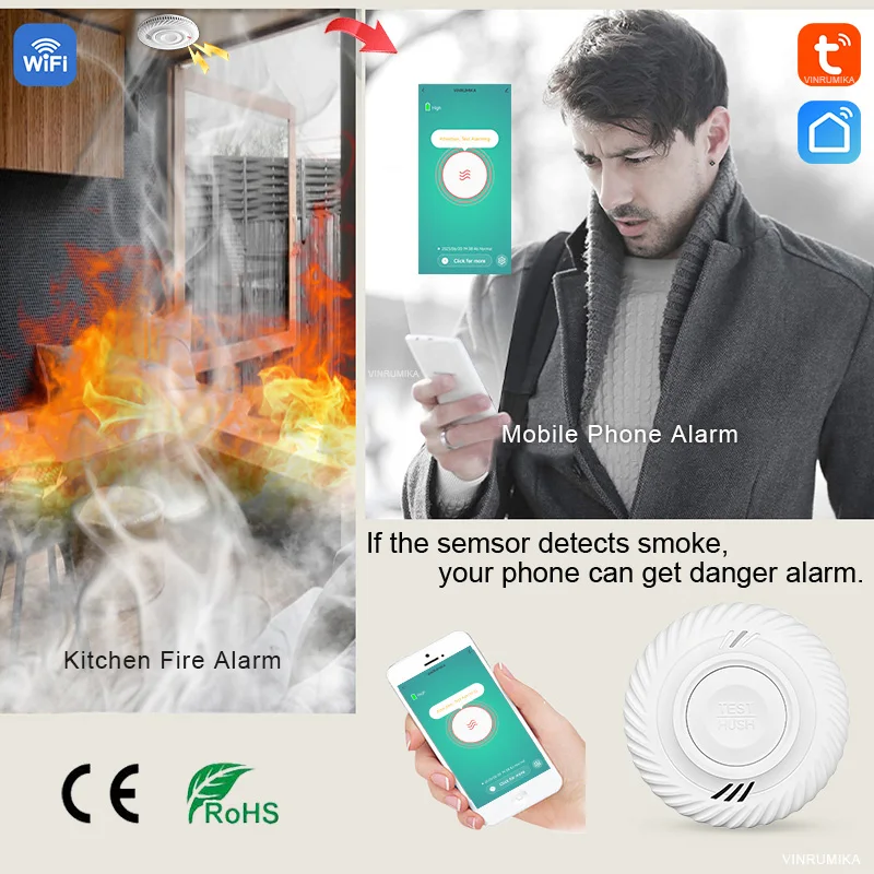 Detektor asap baterai 10 tahun bawaan, Sensor Alarm suara api, toko dapur, ruang anak, ruang tamu, fungsi WiFi