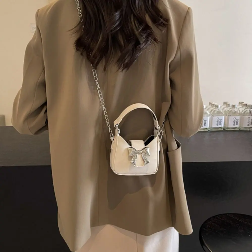 

Cute Pu Leather Bow Buckle PU Bag Handbag Solid Color Silver Bucket Bag Mini Korean Style Women's Shoulder Bag Women