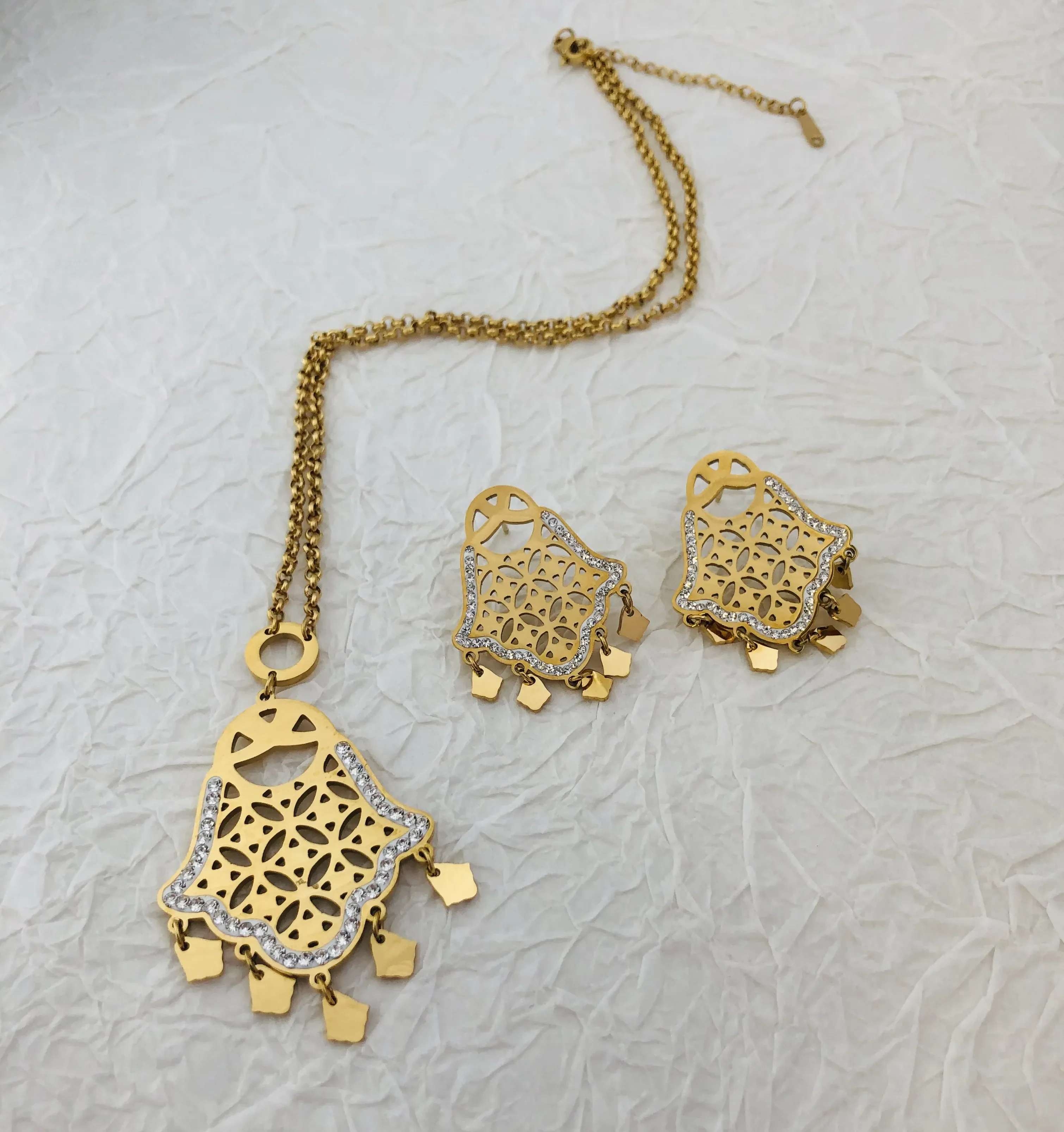 

Новый дизайнерский женский модный комплект ювелирных изделий из нержавеющей стали на ладони, роскошное ожерелье с белым камнем, подарок для свадебной вечеринки, ювелирные аксессуары