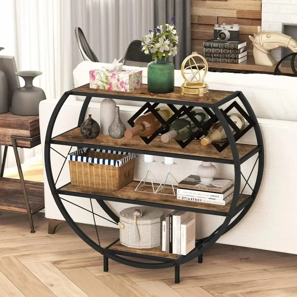 Console Table Industrial Entryway Table with 4-Tier Open Storage Shelf Wood and Metal Christmas Sofa Table with Wine