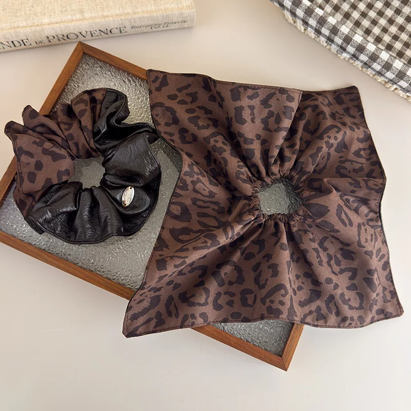 Brown Leopard Print Patchwork Scrunchie for Women Minimalist Korean Style Low Pony Tail Hair Tie Fall Winter Cozy
