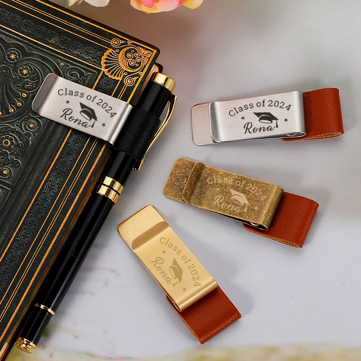 Penrfaiy Custom Name Pen Clips PU Leather Pen Holder Dairy Memo Clip for Journal Planner Pencil Holder 2024 Graduation Gifts