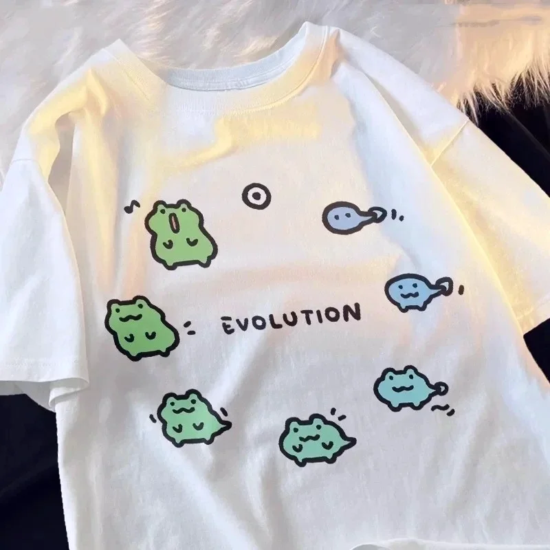 

Plus Size 2026 New Frog Evolution Print Women's T-Shirt Japanese Retro Streetwear Casual Fashion Summer Y2k Tee Vintage Clothes
